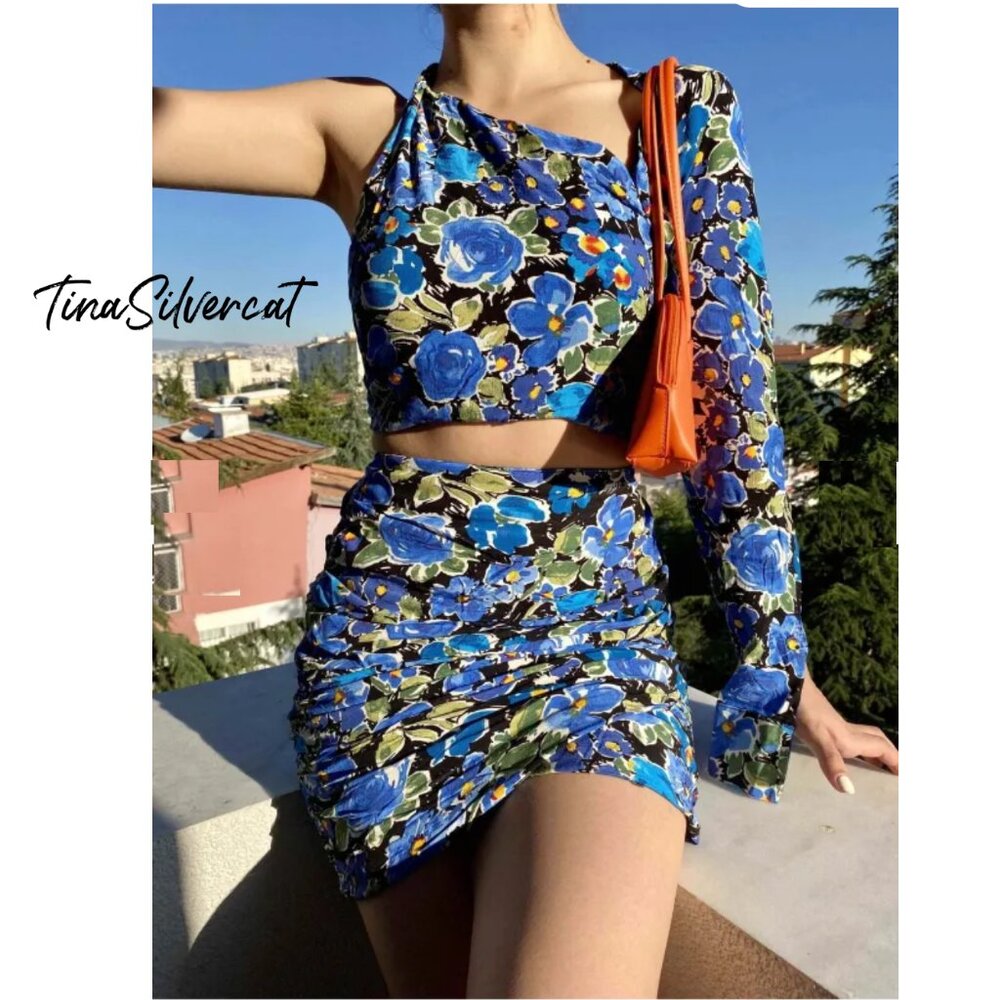 BLOGGER'S FAVE! Zara 2 Piece Mini Skirt And Top Set Blue Sz XS, Small NWT - Picture 13 of 17
